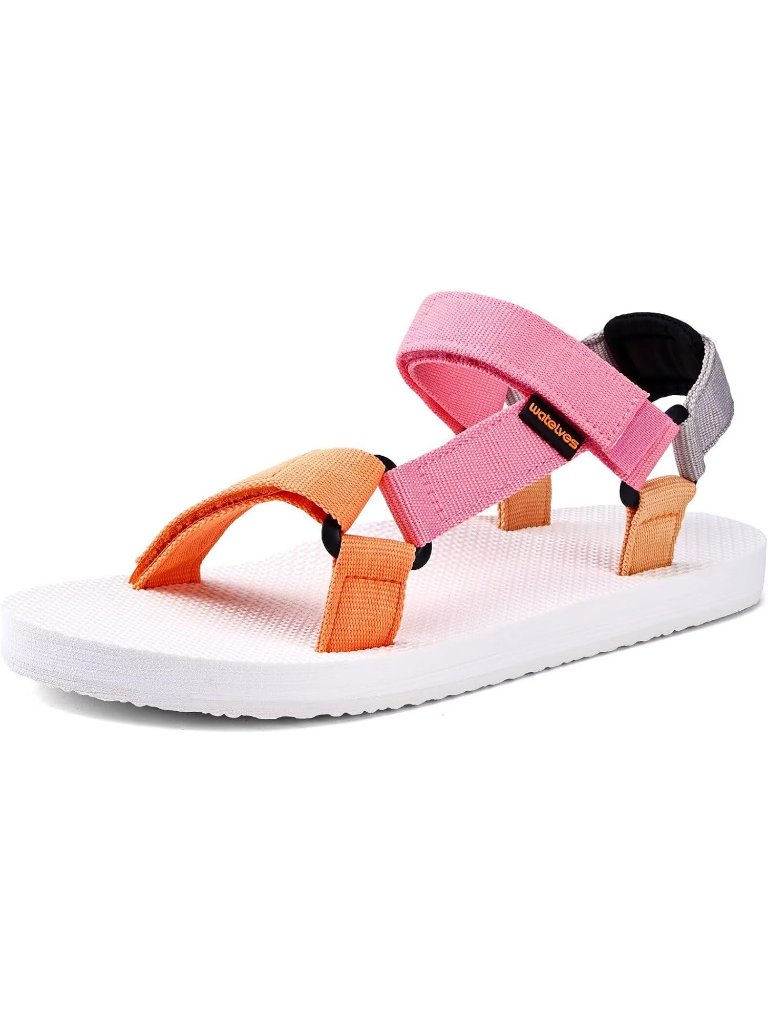 Women's Pink Orange Arch Support Webbing Outdoor Beach Hiking Sport Sandal Shoes